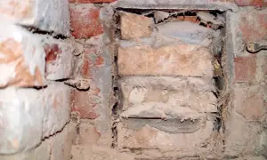 Verfallene Ziegelwand mit Anzeichen von Hausschwamm erkennen. Feine, weiße Fäden und bröckelnder Mörtel deuten auf den Pilzbefall hin.