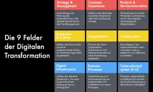 Die 9 Felder der digitalen Transformation: Strategie, Kundenerlebnis, Produktinnovation, Know-how, Organisation, Kollaboration, digitale Infrastruktur, Geschäftsprozesse und Cyber-physical Systems.