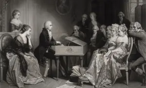 En scen med musiker och åhörare, där en man vid ett klaver kan vara Mozart, medan en annan figur, möjligen Salieri, observerar.