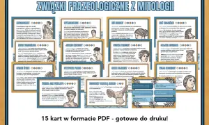 Grafika z tytułem "Związki frazeologiczne z mitologii" i ilustracjami postaci z mitologii greckiej.