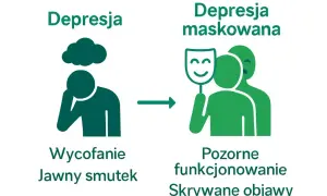 Ilustracja pokazuje przejście od jawnego smutku do depresji maskowanej, gdzie osoba ukrywa swoje cierpienie za uśmiechniętą maską.