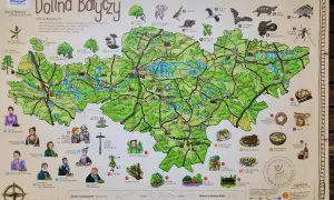 Mapa **parku krajobrazowego Dolina Baryczy** z zaznaczonymi atrakcjami, zwierzętami i roślinnością.