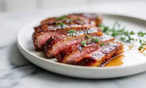 Tranches de filet de canette juteux, nappées d'une sauce brillante et garnies de thym frais, sur une assiette blanche.