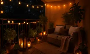 Ciepłe lampki na balkon tworzą przytulną atmosferę. Widać kanapę, rośliny i latarenki.
