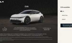 Biały Kia EV6 GT na ciemnym tle. Obok opcje wyboru modelu: EV6, EV6 GT-line i EV6 GT.