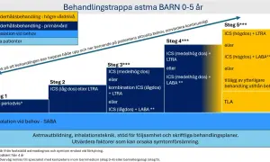 Schema för astmabehandling barn 0-5 år. Visar stegvis behandling, från ICS vid behov till högre doser och kombinationer, för att hantera långvarig hosta på natten barn.