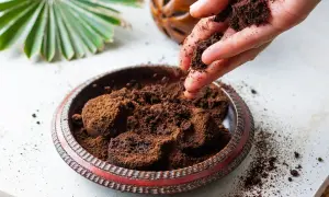 Kaffeesatz gegen Raupen: Eine Hand streut Kaffeesatz in eine Schale. Ein natürliches Mittel für den Garten.