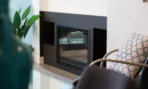 Moderner Kamin mit Glasfront und dekorativer Pflanze. Regelmäßiges Kehren ist wichtig, um die Sicherheit zu gewährleisten.