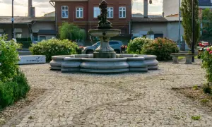 Kamienna fontanna i ławka w otoczeniu kwitnących krzewów róż tworzą urokliwy zakątek, jakby z najładniejszej wsi w Polsce.