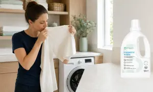 Frau riecht an einem T-Shirt, um hartnäckigen Schweißgeruch aus Kleidern zu entfernen. Daneben steht eine Flasche Synbiotic Wash.