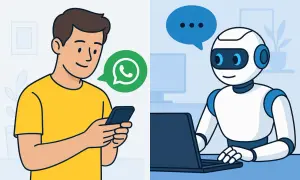 Mężczyzna z telefonem i zielonym dymkiem WhatsApp obok robota przy laptopie. Dowiedz się, jak wyłączyć tryb AI w telefonie.
