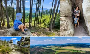 Dziecko siedzi na pniu w lesie, rodzina z dziećmi w skalnej szczelinie, ścieżka wśród skalnych formacji, krajobraz z polami i lasem. W oddali widać skalny ostaniec.