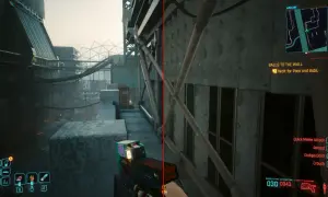 Widok z gry Cyberpunk 2077, gdzie gracz czeka na zadanie "Balls to the Wall". Okluzja otoczenia podkreśla mroczny, miejski krajobraz.
