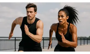 Uomo e donna corrono all'aperto, determinati a dimagrire correndo. Muscoli tesi, sguardo concentrato, un'immagine di pura energia.