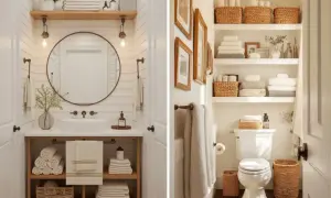 Dos baños reformados con estilo rústico. Uno con lavabo sobre mueble de madera y espejo redondo. El otro con estanterías llenas de toallas y cestas.