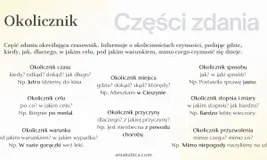 Okolicznik to część zdania wyjaśniająca okoliczności czynności, np. kiedy, gdzie, jak, dlaczego. Przykłady: jutro idziemy do kina, mieszkam w Cieszynie.