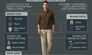 Mann im Smart Casual Look: braunes Poloshirt, Chinos, Loafers. Ideal für moderne Büros und Casual Fridays.