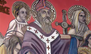 Św. Roman patron, w otoczeniu świętych, z mieczem i księgą.
