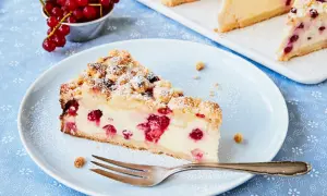 Ein Stück Johannisbeerkuchen mit Quark, bestäubt mit Puderzucker. Frische rote Johannisbeeren liegen daneben.