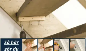 Fixa en knarrande trappa med träkilar och skruv. Bilden visar hur man använder verktyg för att stabilisera trappstegen.