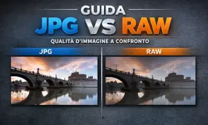 Confronto qualità immagine: JPG vs RAW. Due foto di un ponte e Castel Sant'Angelo a Roma, una in formato estensione jpeg, l'altra RAW.