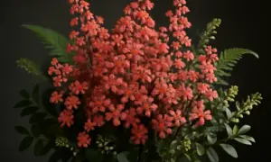 En bukett med små, korallfärgade blommor och gröna blad. Vissa sorter av alunrot är giftiga.