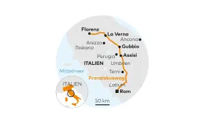 Karte des Franziskusweges von Florenz nach Rom. Die Route führt durch Toskana, Umbrien und Latium, vorbei an Orten wie Assisi.