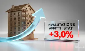 Modello di edificio con freccia blu verso l'alto. Cartello con "Rivalutazione affitti ISTAT +3,0%".