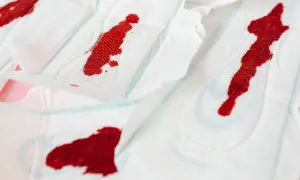 Flera bindor med blodfläckar. En del av dem ser ut som en slempropp med blod.