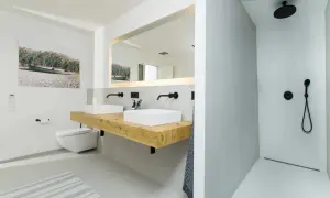 Modernes **Bad ohne Fliesen** mit Doppelwaschtisch auf Holzkonsole, wandhängendem WC und ebenerdiger Dusche.