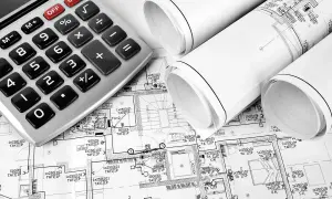Kalkulator i zwinięte plany budowlane, wskazujące na planowanie koszt instalacji elektrycznej.