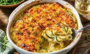 Un gratin de ravioles aux courgettes, doré et crémeux, garni de thym frais. Une cuillère en sert une portion généreuse.