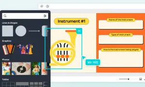 Tworzenie quizów o instrumentach muzycznych. Na ekranie widać projekt karty z pytaniami o instrumenty, z grafiką waltorni.