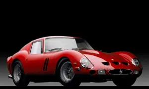 Klasyczny, czerwony włoski samochód sportowy Ferrari 250 GTO z lat 60. na czarnym tle.