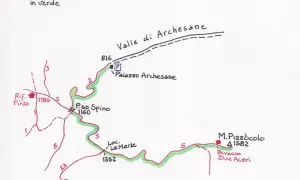 Mappa del sentiero verde che porta al Monte Pizzocolo, con Rifugio Pirdo e Bivacco Due Aceri.