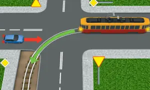 Niebieski samochód musi ustąpić pierwszeństwa tramwajowi, który ma pierwszeństwo na skrzyżowaniu. Zielona linia pokazuje tor jazdy tramwaju.