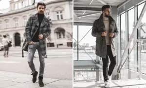 Męskie stylizacje z płaszczem: jakie buty do płaszcza męskiego? Zobacz inspiracje z czarnymi botkami i białymi sneakersami.