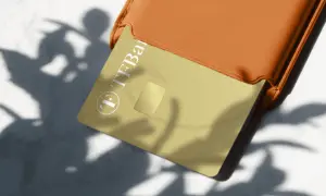 Goldene TF Bank Karte in einem orangen Etui, Schatten von Blättern. Gute tf bank erfahrungen sind hier zu sehen.