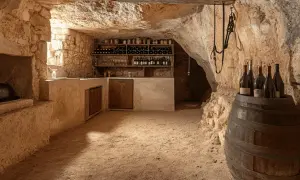 Aménagement cave rustique avec étagères à vin, tonneau et bouteilles. Lumière naturelle filtrant à travers une ouverture.