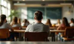 Uczniowie w klasie, w tle tablica. Może to być wizualizacja zmian w harmonogramie lekcji, np. wykreślenie religii ze szkół przez minister z lewicy.