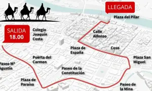 Mapa del recorrido de la cabalgata de Reyes en Zaragoza, con salida a las 18:00 desde el Colegio Joaquín Costa y llegada a la Plaza del Pilar.