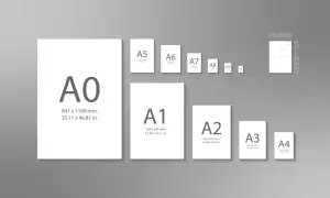 Serie di fogli bianchi con diverse dimensioni, dal grande A0 al piccolo A10, che illustrano il concetto di formato stampa.