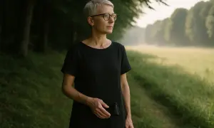 Kobieta w okularach fotochromowych w czarnej sukience trzyma etui na okulary, stojąc na skraju lasu.