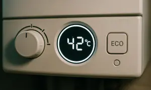 Wyświetlacz pieca kondensacyjnego pokazuje 42°C. Pokrętło regulacji i przycisk ECO sugerują, jak działa piec kondensacyjny, oszczędzając energię.