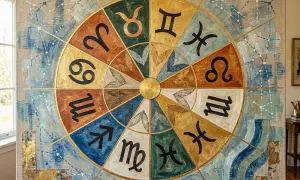 Koło zodiaku z symbolami, w tym strzelec.