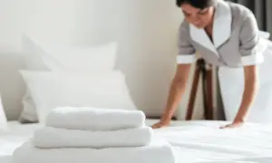 Pokojówka w hotelu dba o czystość i porządek. Na pierwszym planie stos białych ręczników, w tle kobieta poprawia pościel.