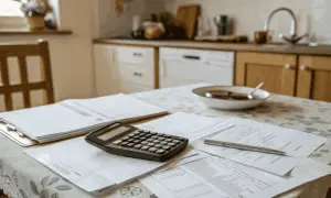 Tavolo con fogli, calcolatrice e penna per il tfr calcolo. In cucina, si preparano i conti.