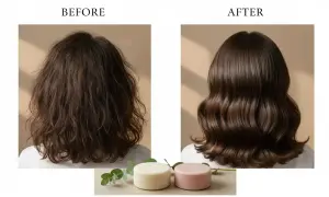 Före och efter hårtransformation. Från frissigt till glansigt och friskt hår. Hemligheten för hur man får långt hår kan vara dessa två hårprodukter.