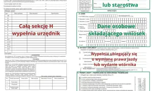 Wniosek o prawo jazdy online: dane urzędu lub starostwa, dane osobowe składającego wniosek, wypełnia ubiegający się o wymianę prawa jazdy lub wydanie wtórnika.