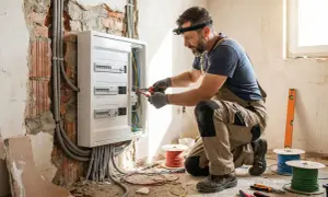 Elettricista al lavoro per il ripristino impianto elettrico, con cavi e quadro in vista.